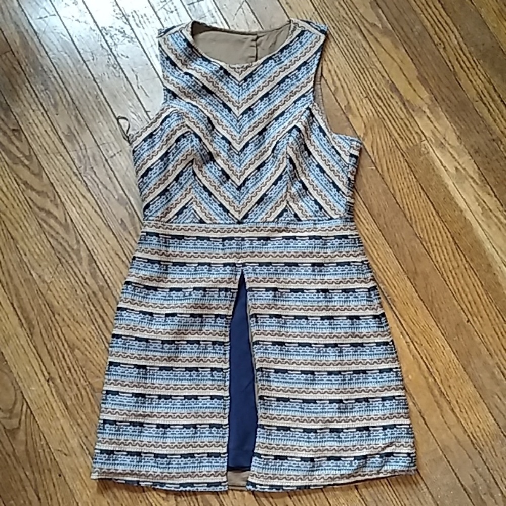 Esley blue and tan Chevron dress